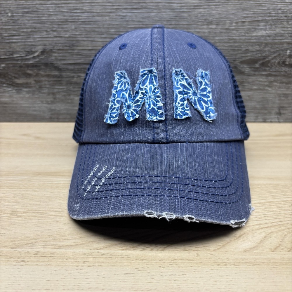 MN Hat Cap Strap Back Womens One Size Blue Mesh Trucker Distressed Floral